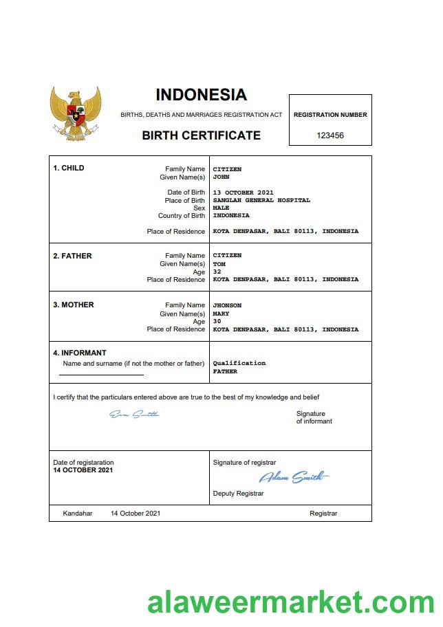 Indonesia birth certificate Word and PDF template